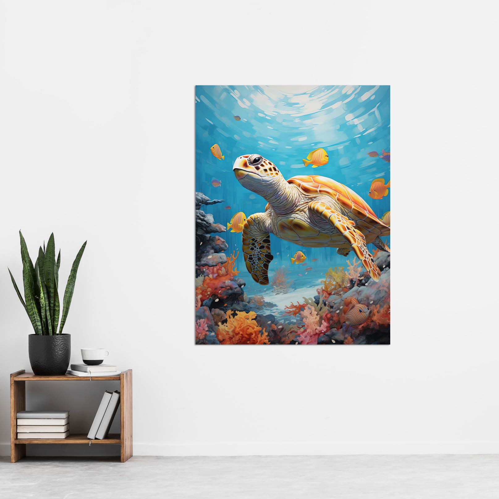 Artery8 Loggerhead Sea Turtle in Coral Reef Bright Detailed Artwork Caretta Swimming with Yellow Striped Fish Extra Large XL Wall Art Poster Print - Image 2