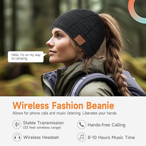 Miniatura 2 de TOUCH TWO Gorro Bluetooth para mujer con agujero para cola de caballo, gorro de punto inalámbrico con auriculares Bluetooth