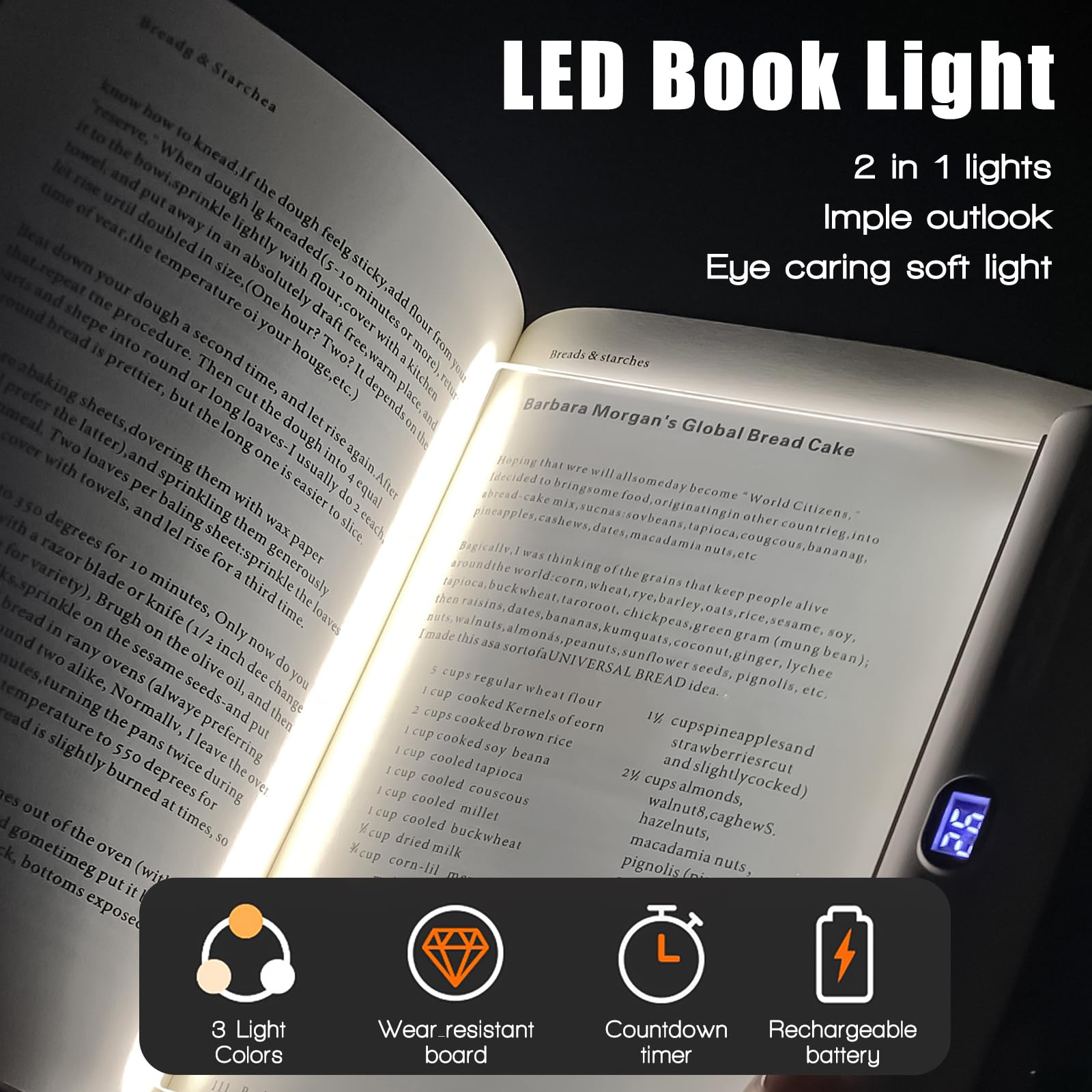 Luce LED per libri e luce notturna 2 in 1, ricaricabile tramite USB, per libri a letto, 3 modalità di colore, oscuramento continuo della luminosità, timer di spegnimento automatico, lettura