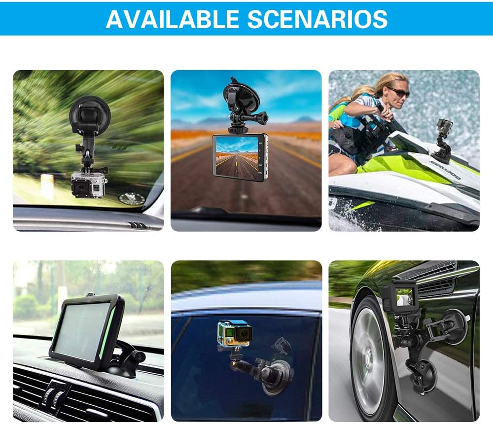 Images showing the adhesive pad in use with various devices in different scenarios, such as a dash cam on a windshield, a GPS on a dashboard, and an action camera on a boat.