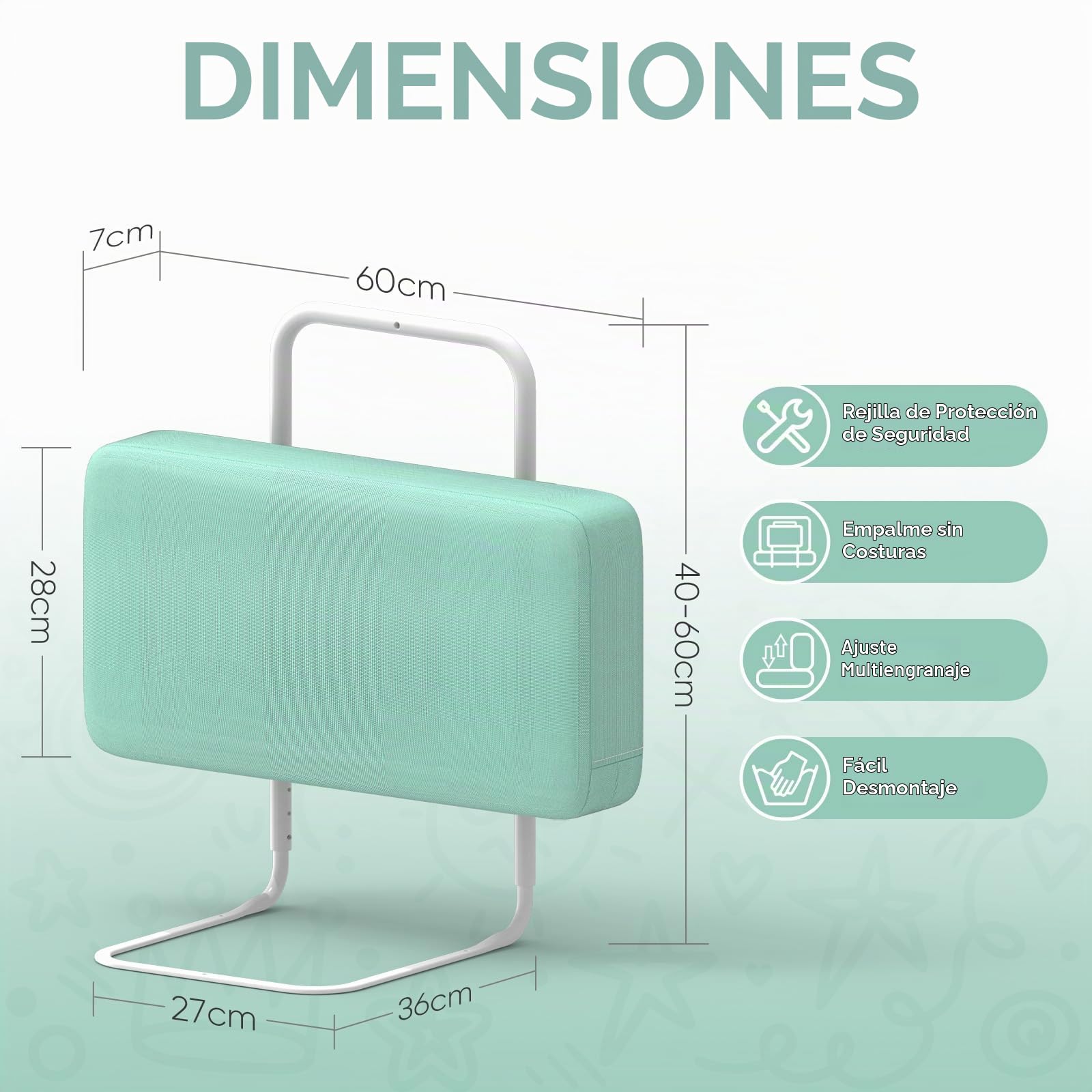 Barrera de Seguridad para niños – Barrera de Cama para niños con protección de Bordes, Seguridad para Cama Infantil, Altura Ajustable 40-60 cm, Desmontable, portátil, Verde, 60cm