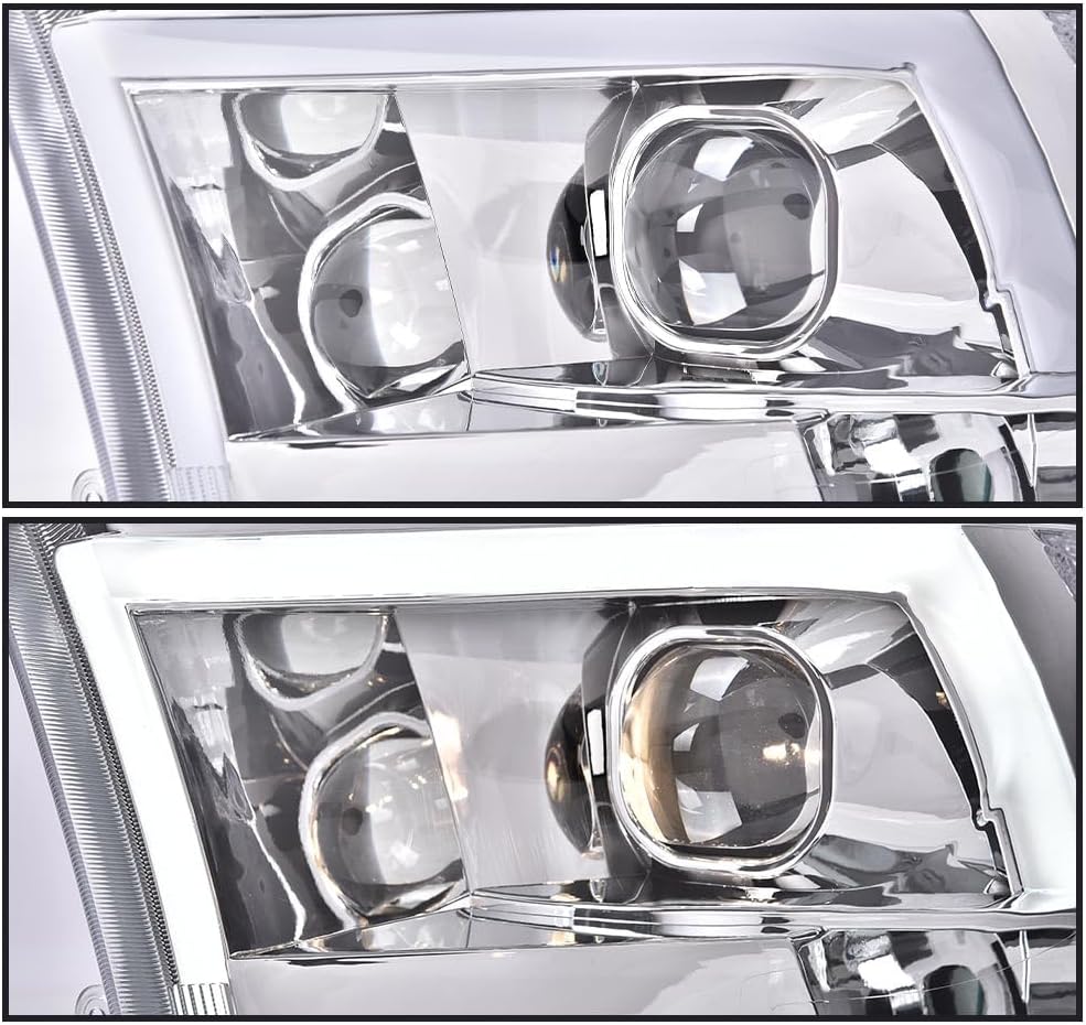LED DRL Headlights Assembly Front Headlamp Compatible with Dodge Ram 1500 2500 3500 2009-2012, Only for Quad Models, Not Fit Dual Beam, Not Fit One Hole, Clear Lens Chrome Housing Clear Reflector