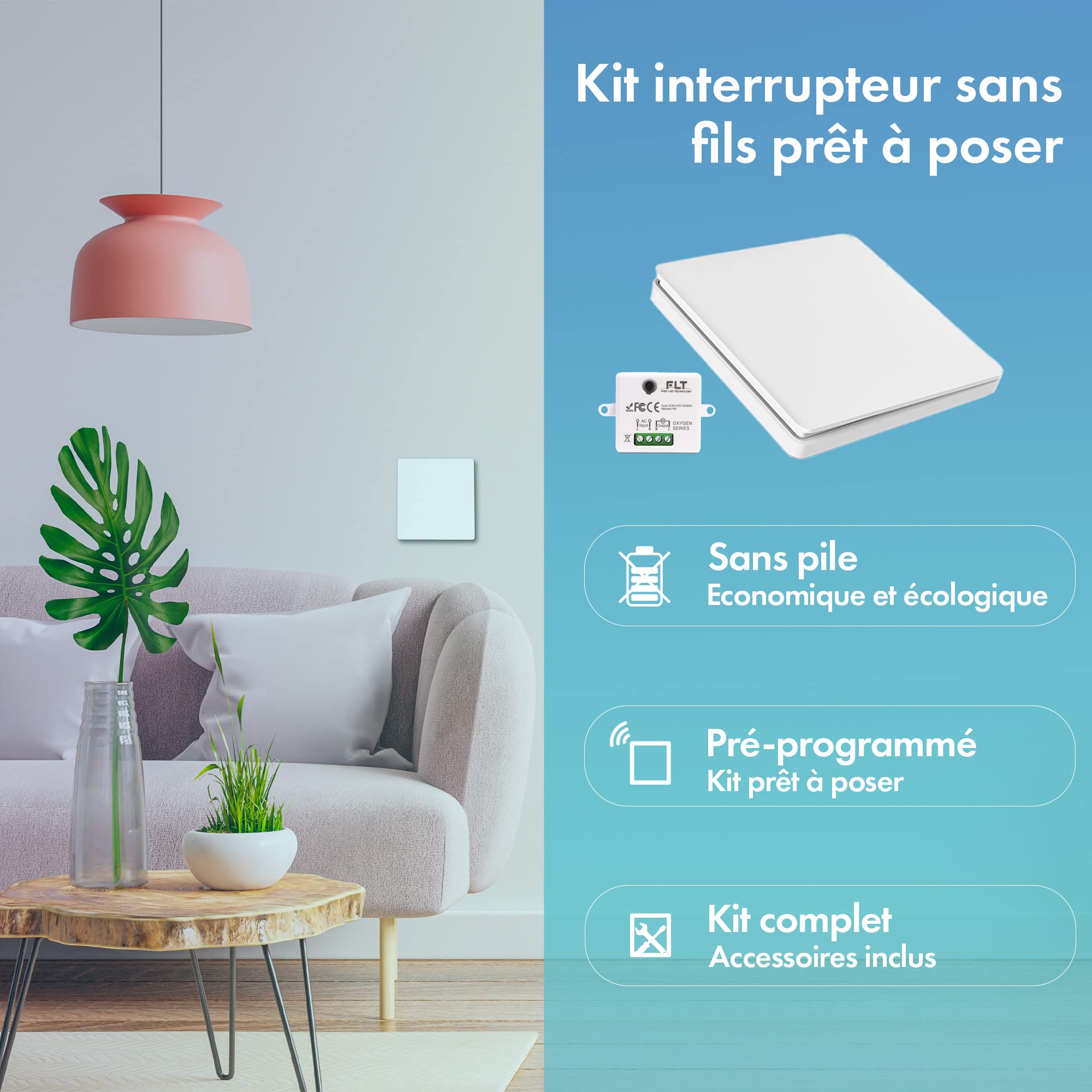 Interrupteur sans fil et sans pile Auto alimenté - Écologique - Qualité Pro - Va et vient RF 5 télécommande + 1 relais radio encastrable - Longue Distance - Intérieur Extérieur IP64