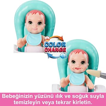 Barbie Skipper Doll and Play Set with Barbie Accessories, mealtime themed babysitting set, color changing toy, HTK35