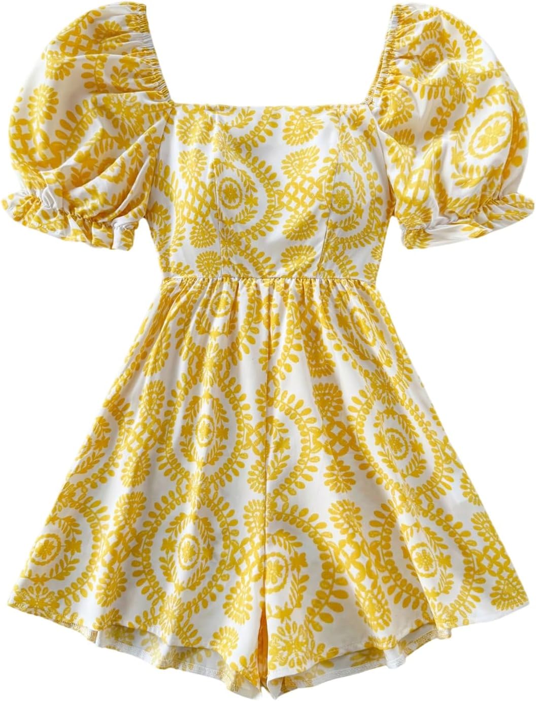 Milumia Women's Boho Floral Print Square Neck Puff Short Sleeve Rompers Jumpsuit