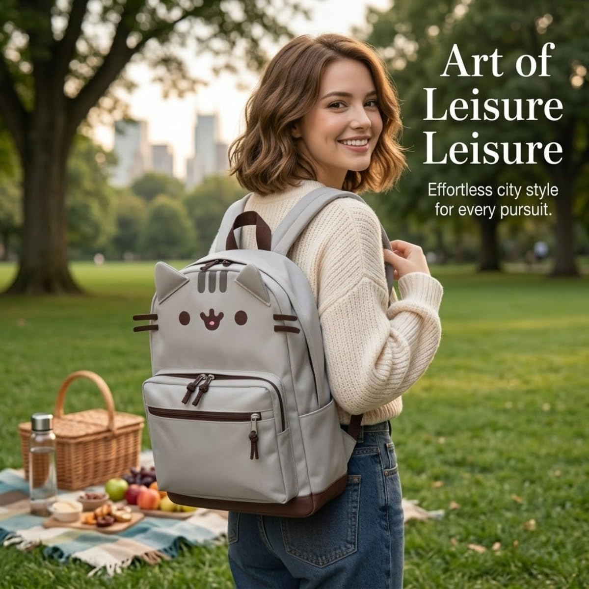 Cute Cat Backpack for Women Casual Animal Design Travel Daypack Lightweight Rucksack for Work Daily City Commute (Light gray)