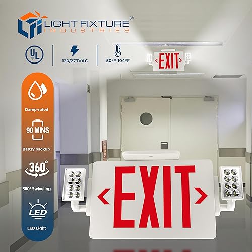 Miniatura 9 de LFI Lights® - Combo delgado con certificación UL 924, LED rojo, señal de salida con luces de emergencia, blanco, 120-277 VCA cableada con batería de