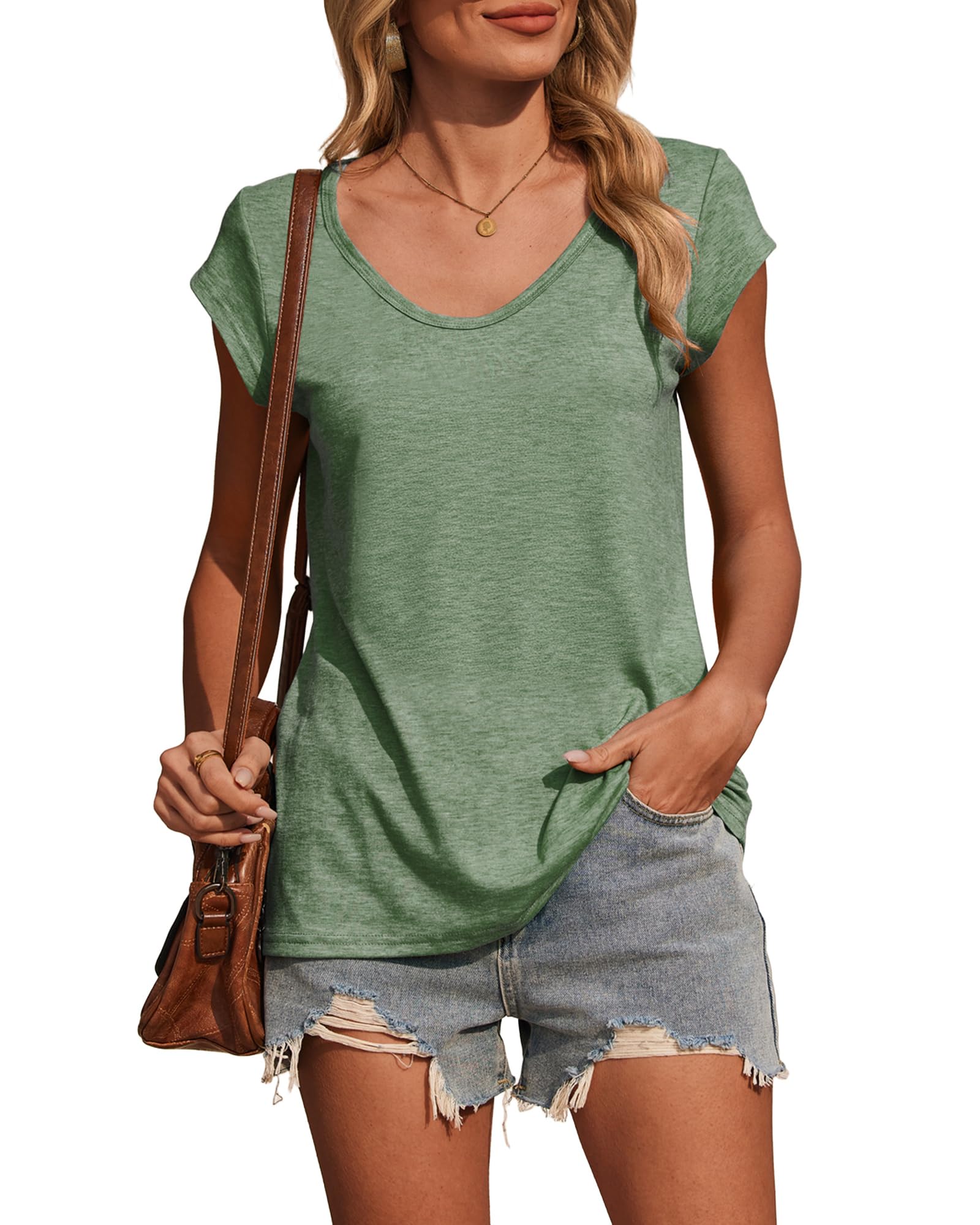 POMTIMCO T Shirt Damen Casual Kurzärmeliges V-Ausschnitt Oberteile Tops Lockere Basic Sommer Tee Shirts