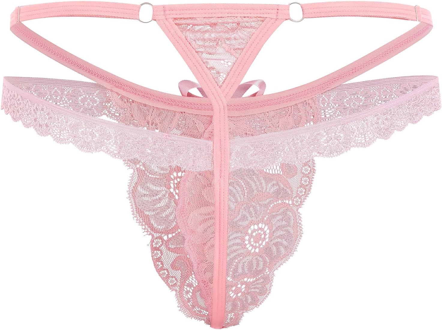 ABAFIP Men's Lace Thongs Frilly Trim Low Waist Bowknot T-back G-string Panties Crossdressing Underpants