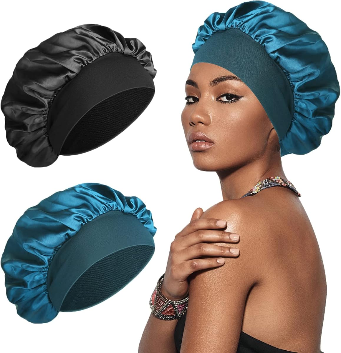 Gorro de Seda, Suave y Cómodo Gorro de Satén para Dormir, Negro, Azul Pavo Real