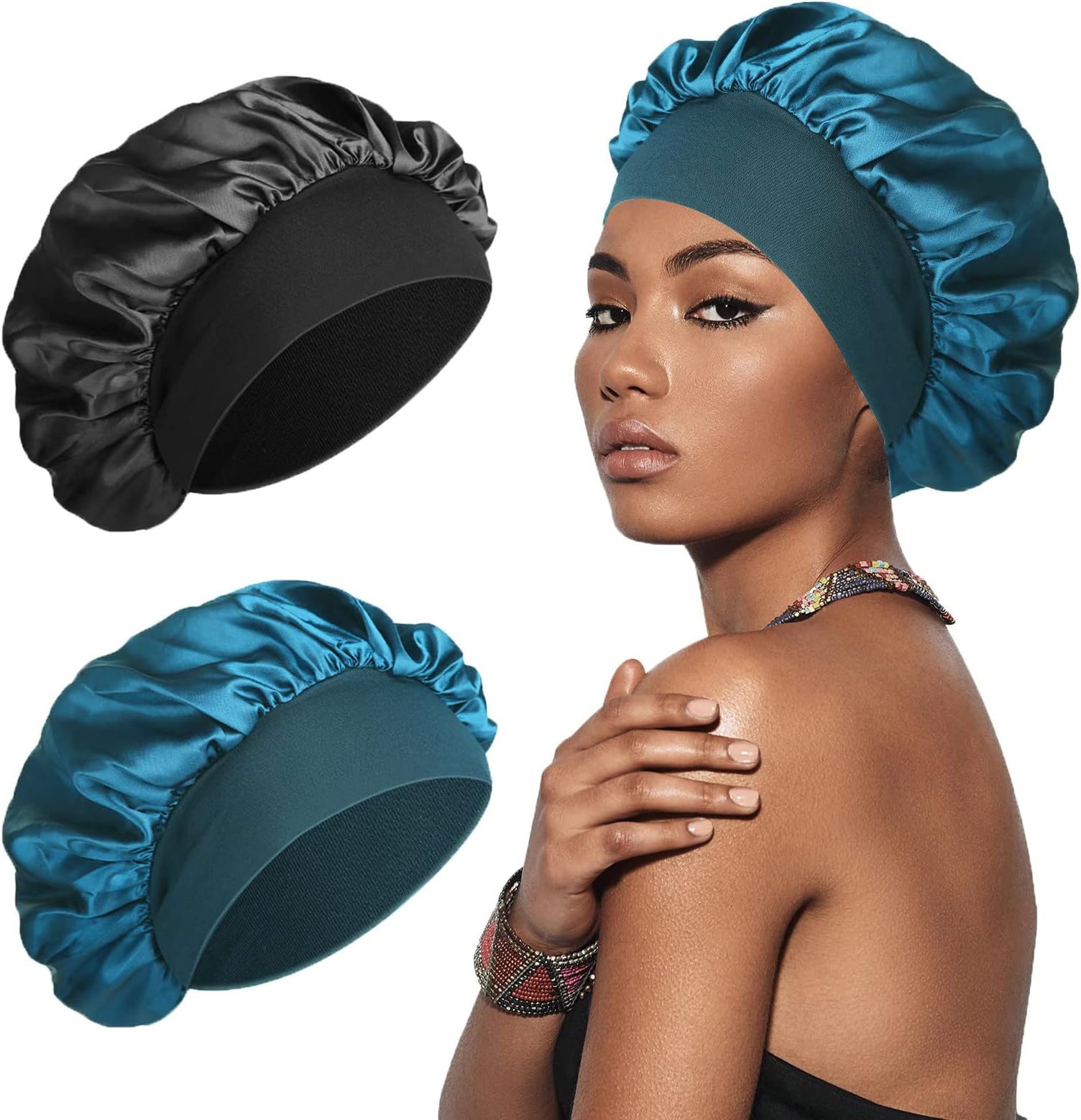 Silk Bonnet Satin Bonnet, Silk Hair Wrap for Sleeping, Soft and Comfortable Silk Sleep Cap, Black, Peacock Blue, One size