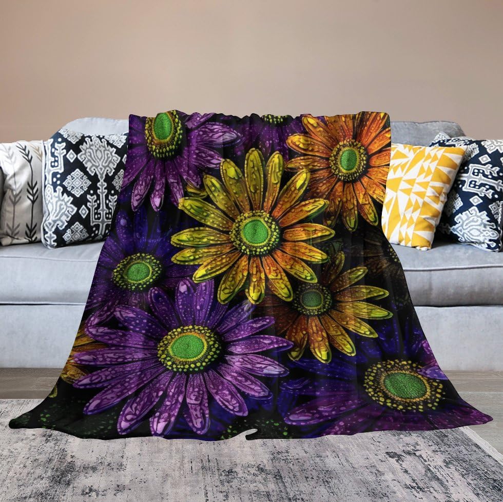 Plaid lit et canapé anti-froid en micro polaire légère imprimé fleurs violettes