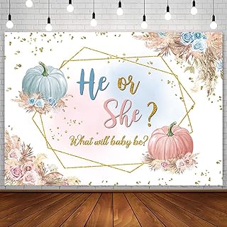 Sendy 7x5ft Boho Pumpkin Gender Reveal Backdrop Thanksgiving Boy or Girl Pink or Blue He or She Baby Shower Party Autumn Fall Bohemia Floral Pampas Photography Background Banner Photo Prop