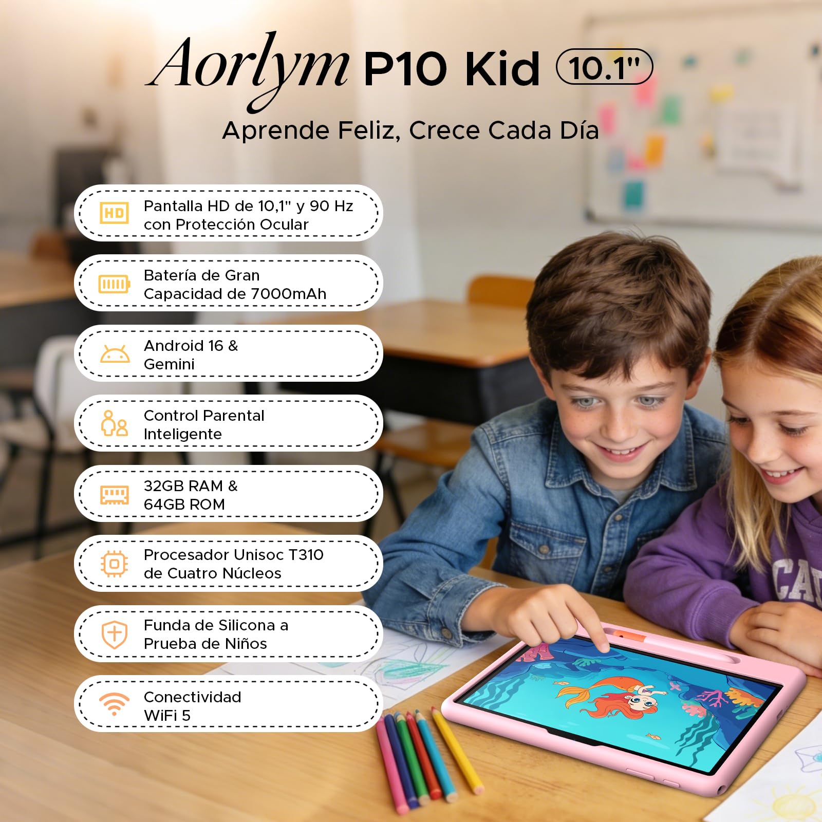 P10 Kid Tablet para Niños 10 pulgada, Tableta Infantil Android 16 Con Gemini AI, 90Hz, 32GB RAM+64GB ROM, 7000mAH, 5G WiFi, Face ID, OTG, GPS, Tablets con lapiz, Tablet para niños de 7 a 10 años, Azul