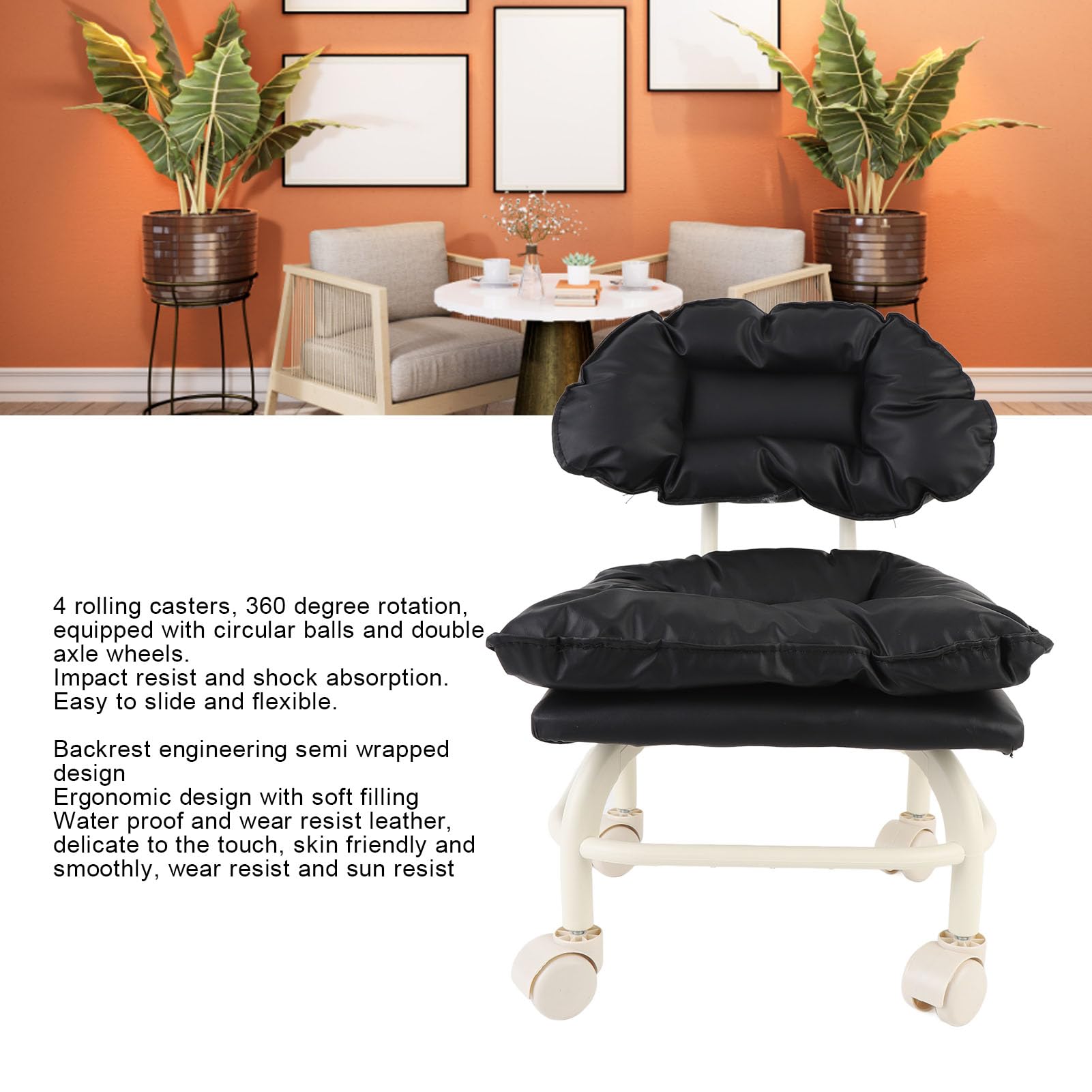 Rolling Stool, 360 Degree Mobility Soft Padding Roller Chair Ergonomic Backrest Shock Absorbing Double Bearings Universal Rolling Stool with Back Rest for Gyms, Salons