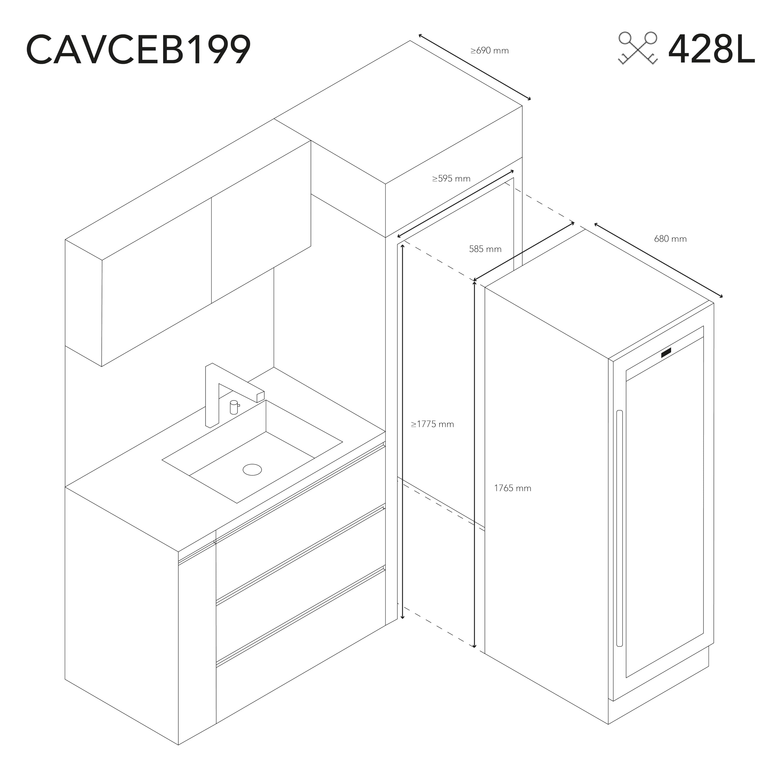 LES PETITS CHAMPS Cave à Vin Encastrable Sous Plan 199 Bouteilles CAVCEB199, Capacité 428L, Design Élégant en Acier Inoxydable, Réglable de 5°C à 22°C, Anti-UV, LED