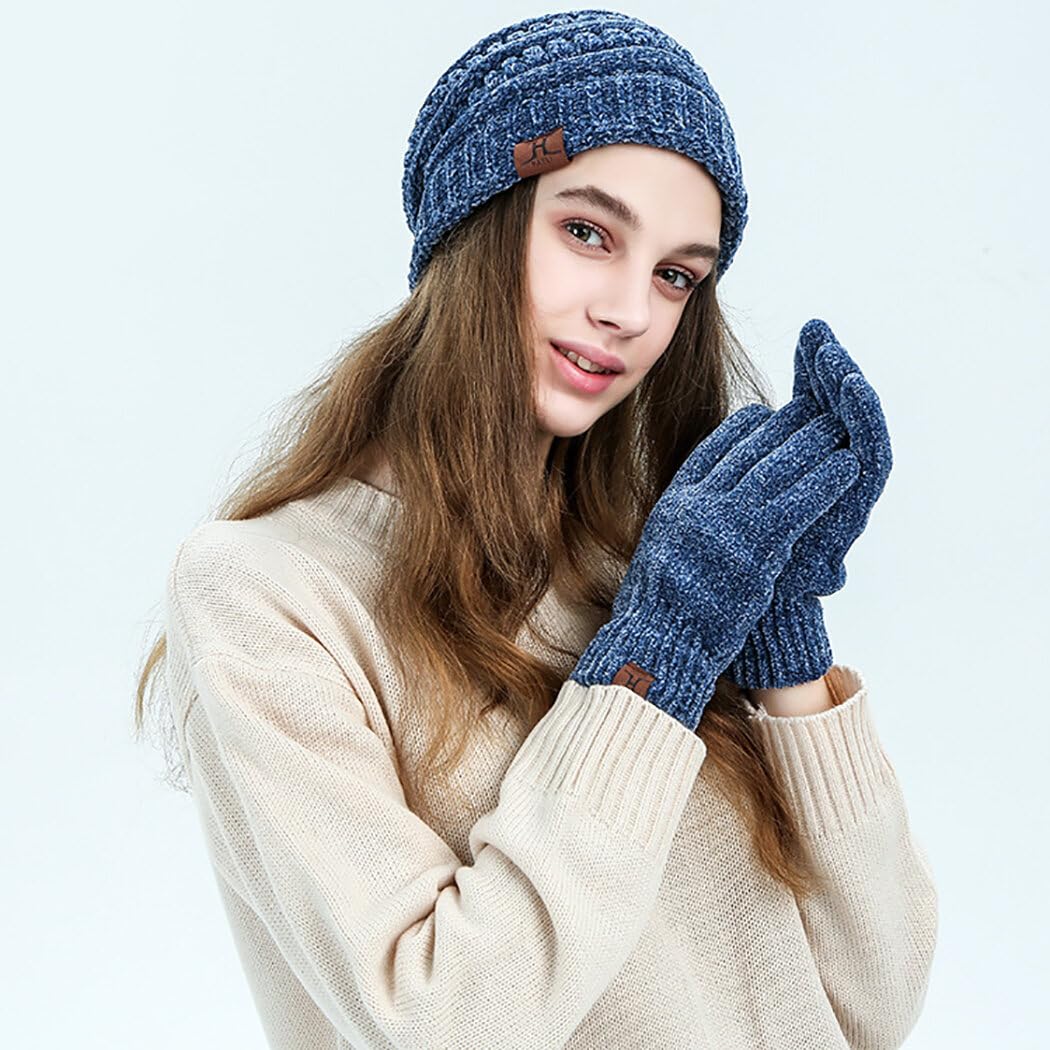 Unisex Pompon-Strick-Set, niedlich, dehnbar, Winterhandschuhe, Mütze, Fäustlinge