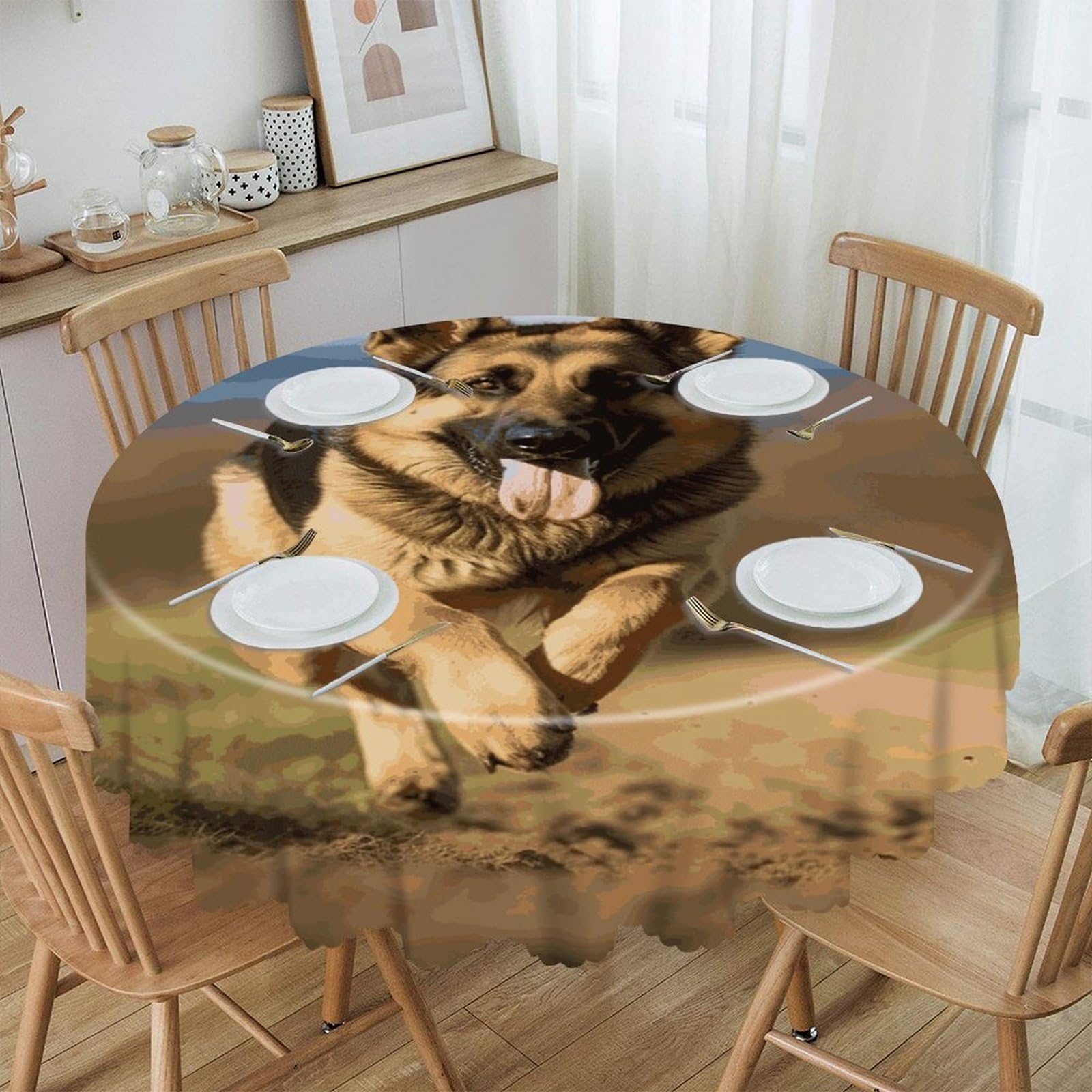 MUSM Running German Shepherd Dog Table Cloths Round Wrinkle Resistant Tablecloths Washable Polyester Table Cover Waterproof Decorative Washable Rustic Circle Tablecover for Kitchen Dining