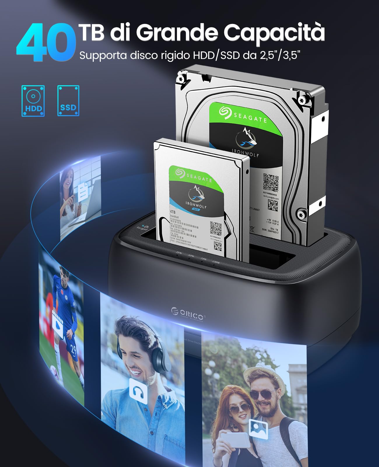 ORICO Dual Bay Docking Station Hard Disk USB 3.2 Gen1 con Clonazione Offline per HDD SSD SATA da 2,5 e 3,5 Pollici, Dock per Disco Rigido Fino a 40TB con UASP e Cavo 2-in-1 (DD28C3-C)