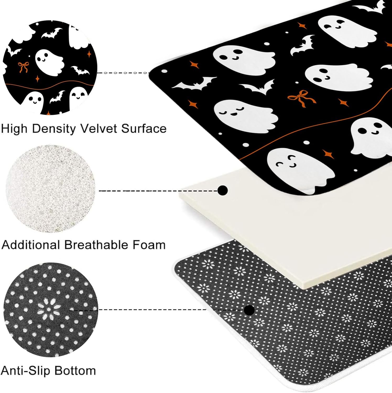 4Pcs Halloween Shower Curtain Set Black Spooky Bow Ghost Shower Curtain Set for Halloween Bathroom Decor with Anti-Slip Waterproof Bathtub Bathroom Rugs Toilet Lid Cover