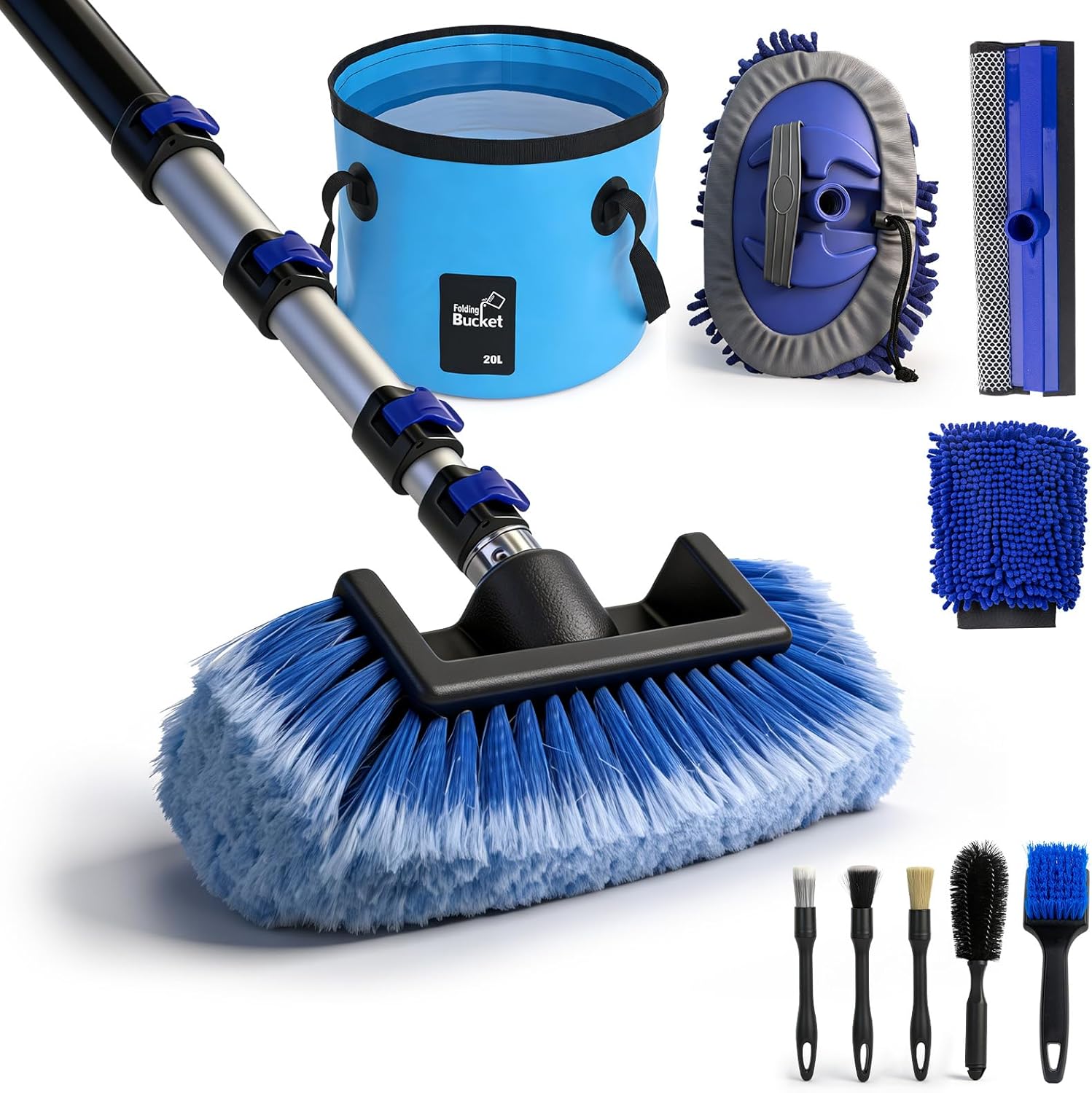 13FT Car Wash Brush Kit with Extension Pole, 8-in-1 Car Cleaning Kit Includes Soft Wash Brush, Tire & Wheel Brushes, Window Squeegee, Microfiber Mop, Mitt, Bucket for RV, Truck, SUV, Auto Detailing
