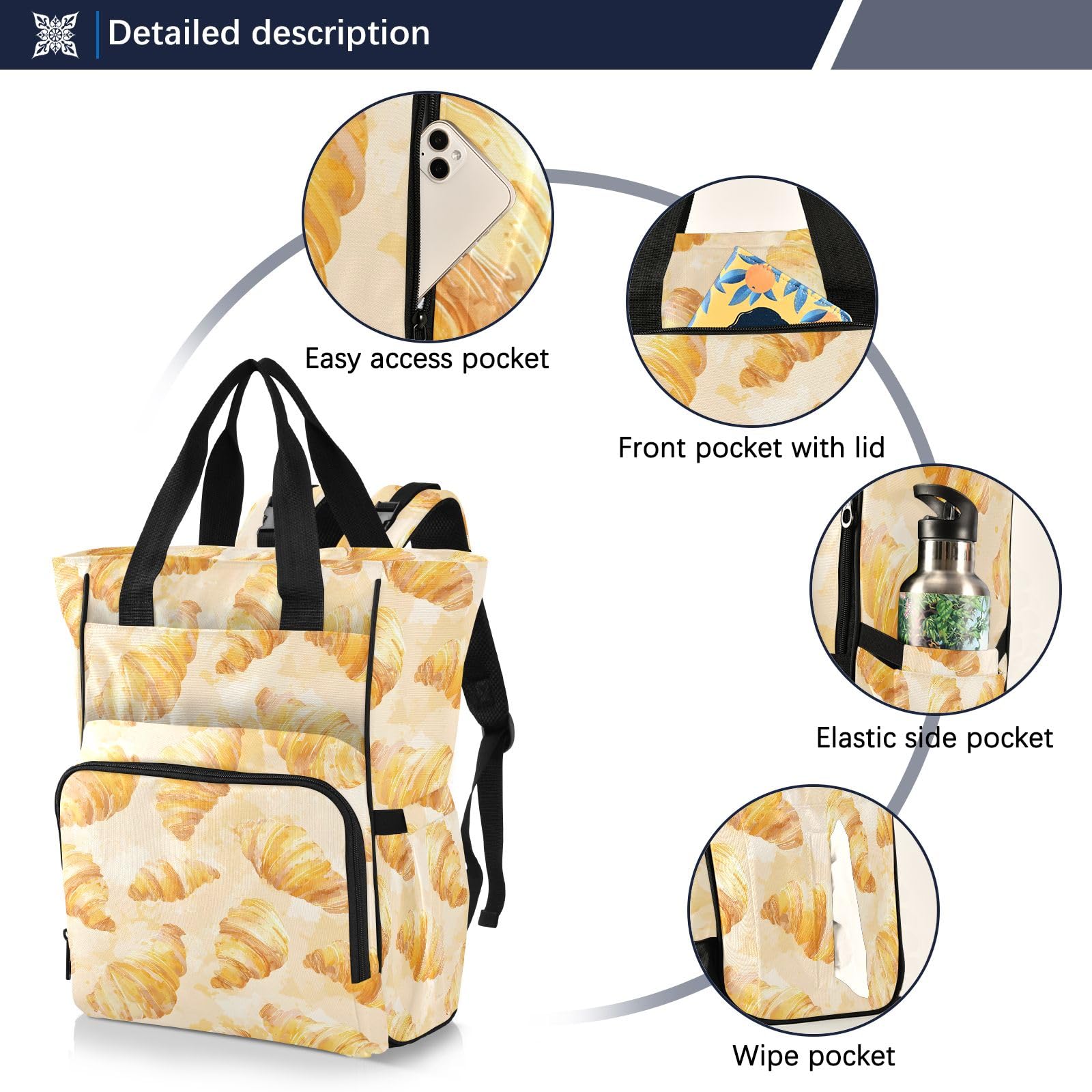 Mnsruu Croissant - Borsa per pannolini per bambini, motivo acquerello, grande, impermeabile, da viaggio, per mamme e papà