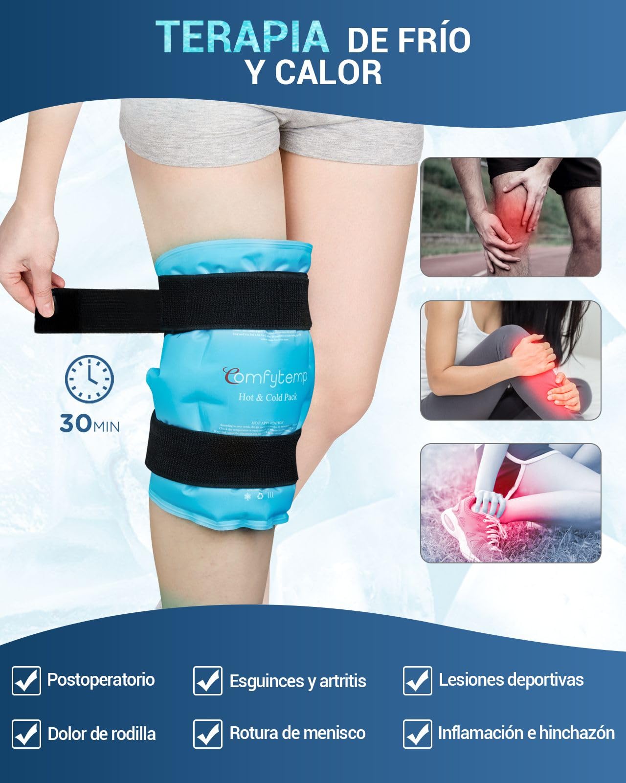 Comfytemp Bolsa de Hielo para Aliviar el Dolor de Rodilla, Terapia de Frío Caliente Reutilizable Gel Frio para Lesiones en La Rodilla, Hinchazón, Esguinces, Cirugía de Reemplazo, Hielo para Lesiones
