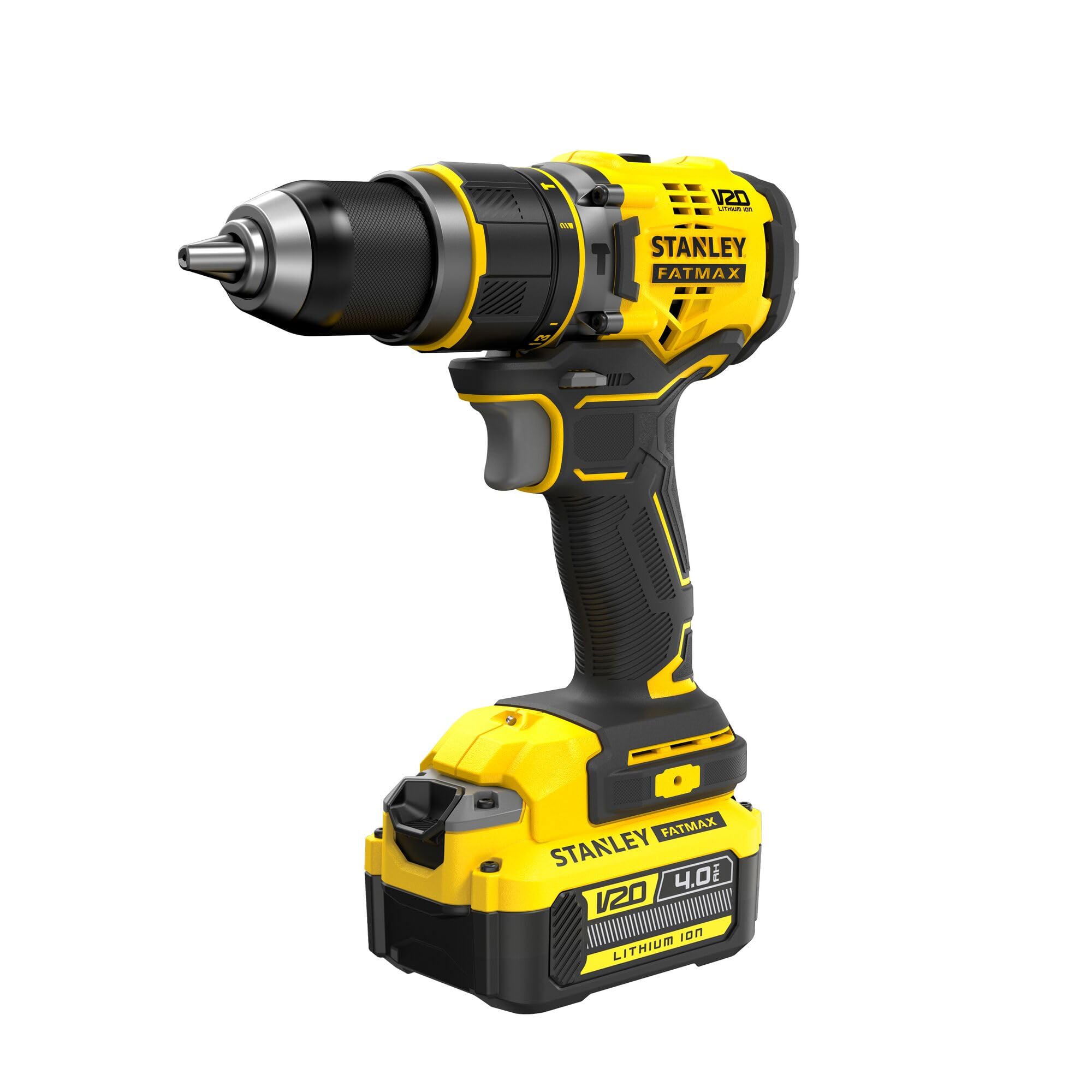 STANLEY FATMAX SFMCD721M2K-QW - Taladro Percutor 18V, Gama V20, Motor sin escobillas, Par máx. 80 Nm, Engranaje metálico de 2 velocidades, Luz LED, Incl. 2 baterías 4,0 Ah, cargador y maletín