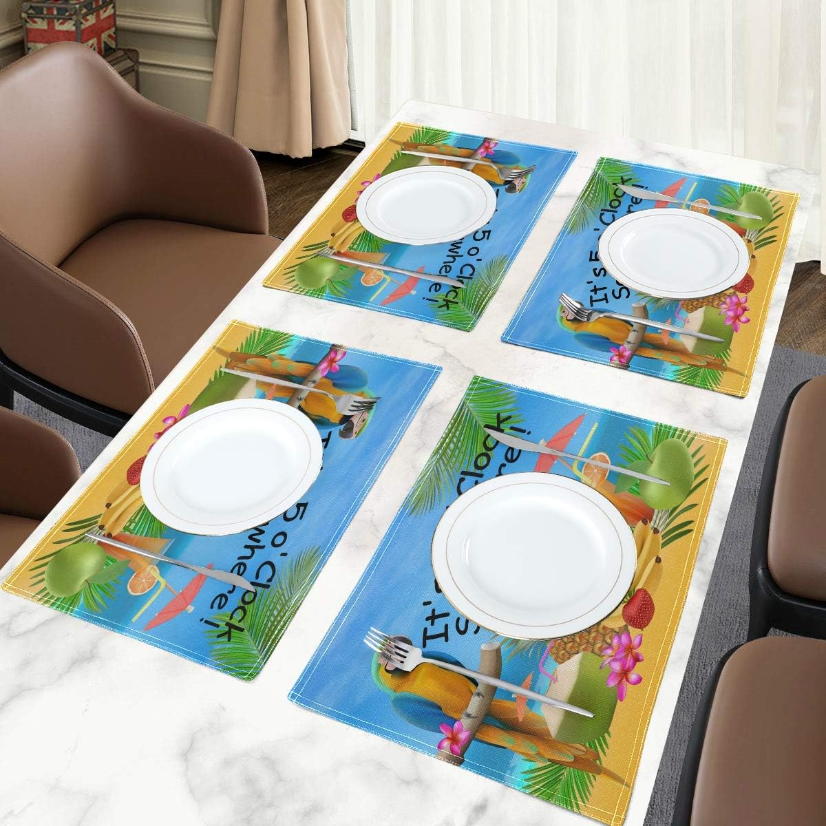 Oarencol It's 5 O'clock Somewhere Placemat Table Mats Set of 4, Summer Parrot Pineapple Bird Tropical Fruit Banana Heat-Resistant Washable Clean Kitchen Place Mats for Dining Table Decoration : Home & Kitchen