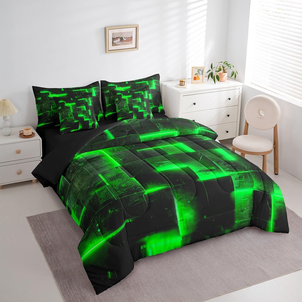 Erosebridal 3D Geometric Bed in a Bag 7pcs Abstract Aesthetic Bedding Set, Black and Green Queen Size Comforter Set Glowing Futuristic Cubes Bedding Comforter Sets, Neon Grid Bed Set