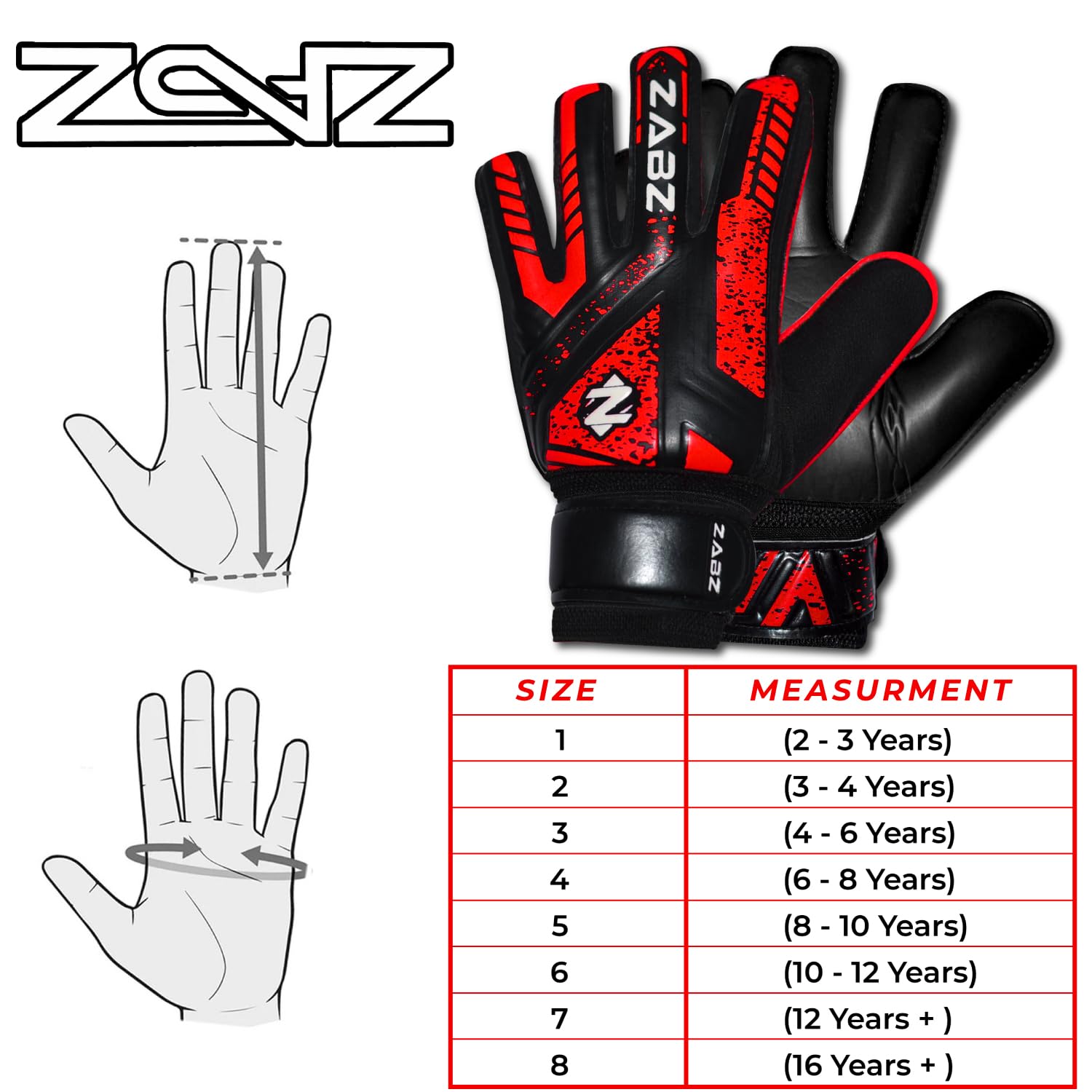 ZABZ Goalkeeper Gloves Non-slip Latex Material Soccer Goalie Football Goalkeeping Gloves Wrist Protection For Kids Youth and Adults (Red, Size 4 - Suitable for 6-9 Years) - Image 4