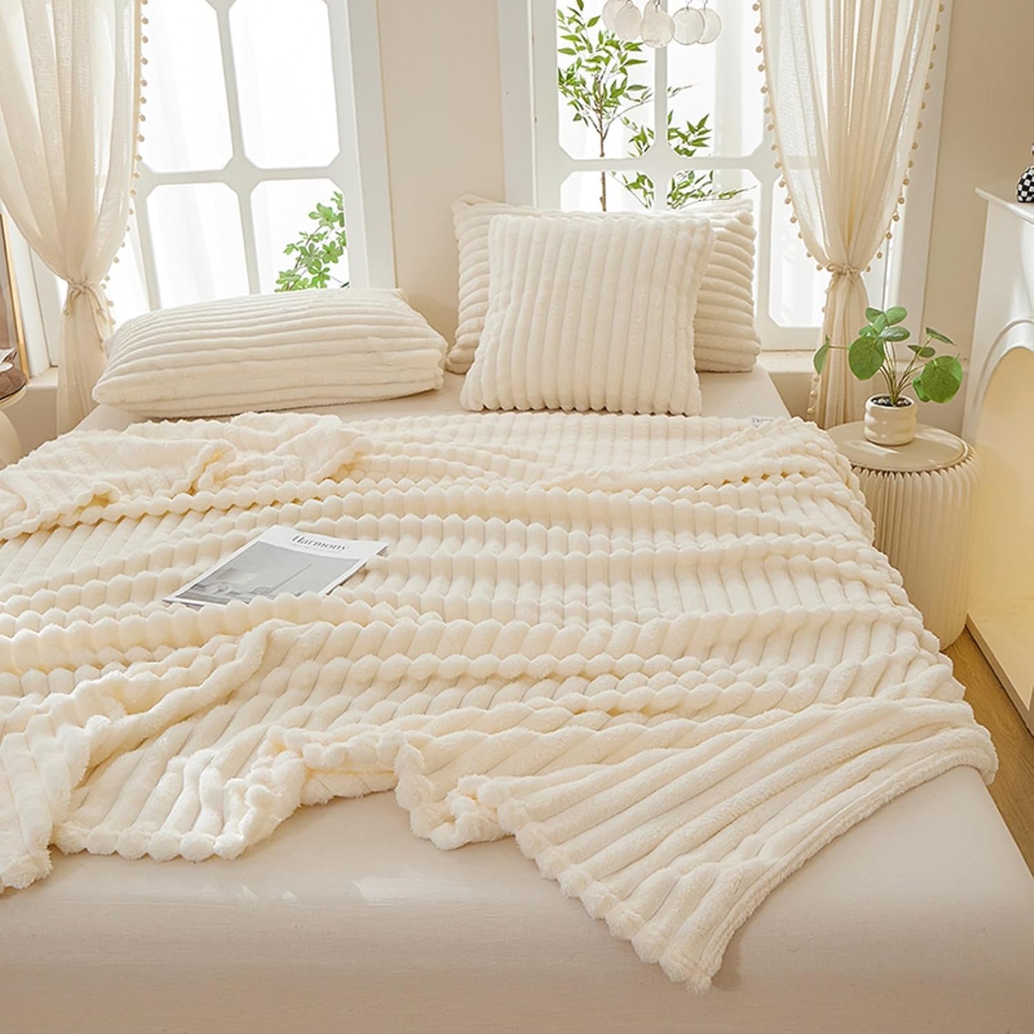 TKJ Luxury Plush and 3D Stripe Throw Blanket for Couch, Ultra Soft & Warm All-Season Comfort, Lightweight Cozy Throws for Sofa Bed Dorm (Off White, 40 * 60 in) - 3