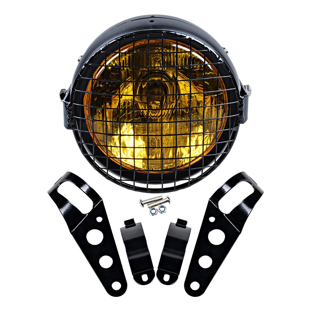 Astra Depot Set 6-1/2'' Round Amber Lens Headlight + Metal Mesh Grille Cover + 35mm-43mm Headlamp Mount Brackets