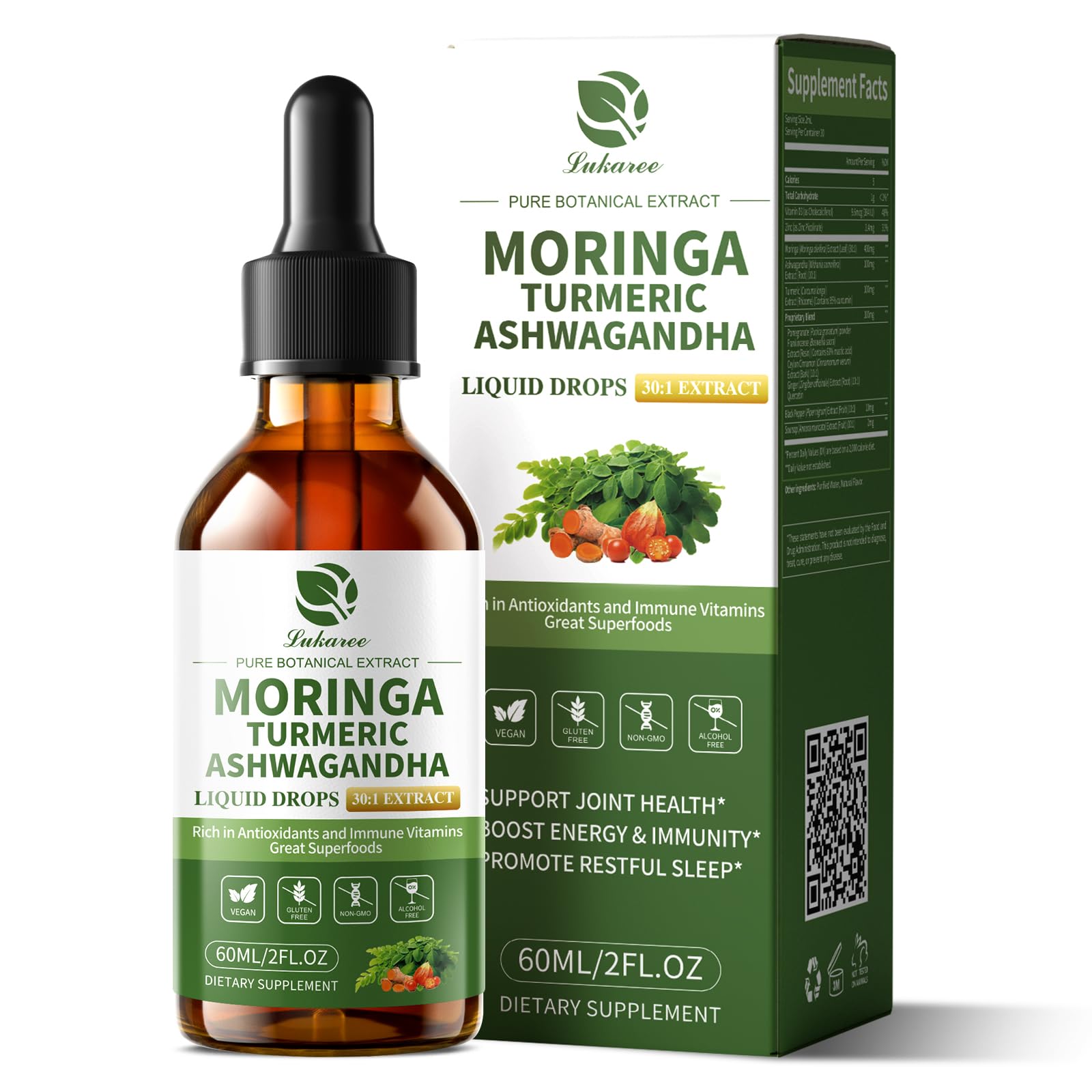12-in-1 Organic Moringa Drops with Ashwagandha Turmeric Quercetin, Lipsomal 98% Absorption & 30:1 Extract for Energy Immune Joint Digestive Metabolism, Vegan Non-GMO, More Potency Than Moringa Powder
