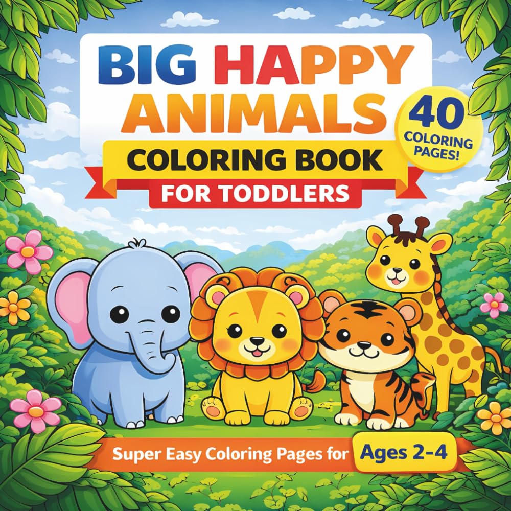 Big Happy Animals Coloring Book for Toddlers: Simple Bold Coloring Pages for Little Hands Ages 2–4 (Little Paws Big Fun Collection (Ages 2–4))