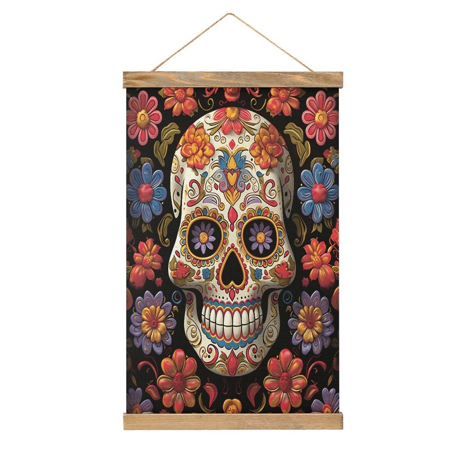 VstaDank Sugar Skulls Poster with Wooden Frame Hanger Art Painting Wall Decor Poster Wall Hanging Wooden Frame 13x20 Wood Poster Hanger for Photo Picture Art Canvas Print Artwork