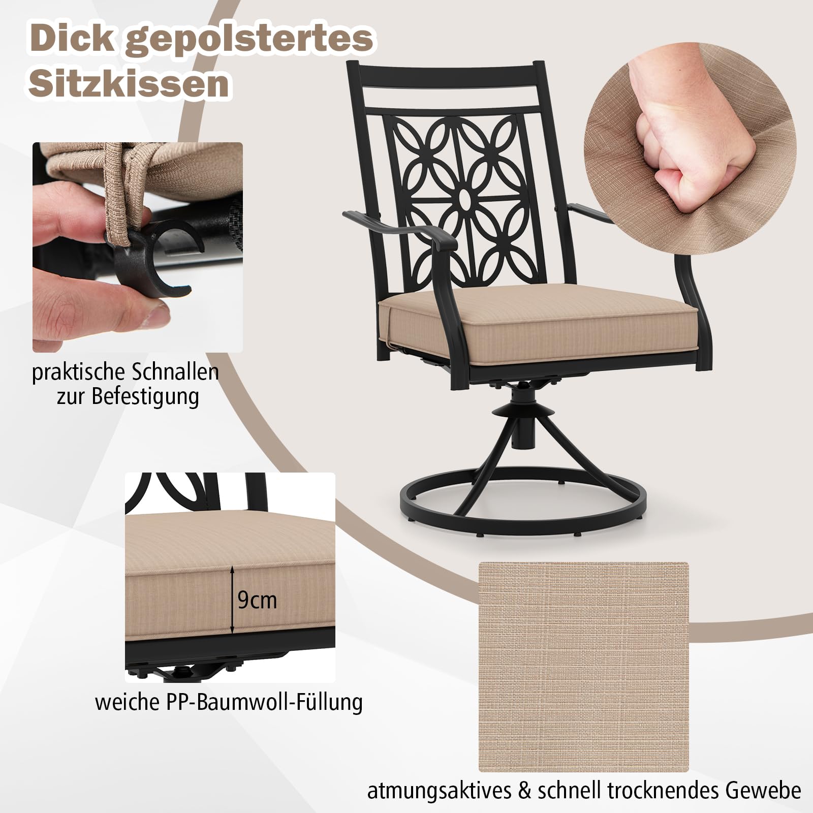 GOPLUS 2er Set Gartenstuhl 360 Grad drehbar, Balkonstuhl Terassenstuhl aus Metall bis 150kg, Drehstuhl Outdoor mit Rückenlehne & Armlehnen für Garten Hof Balkon (Braun)