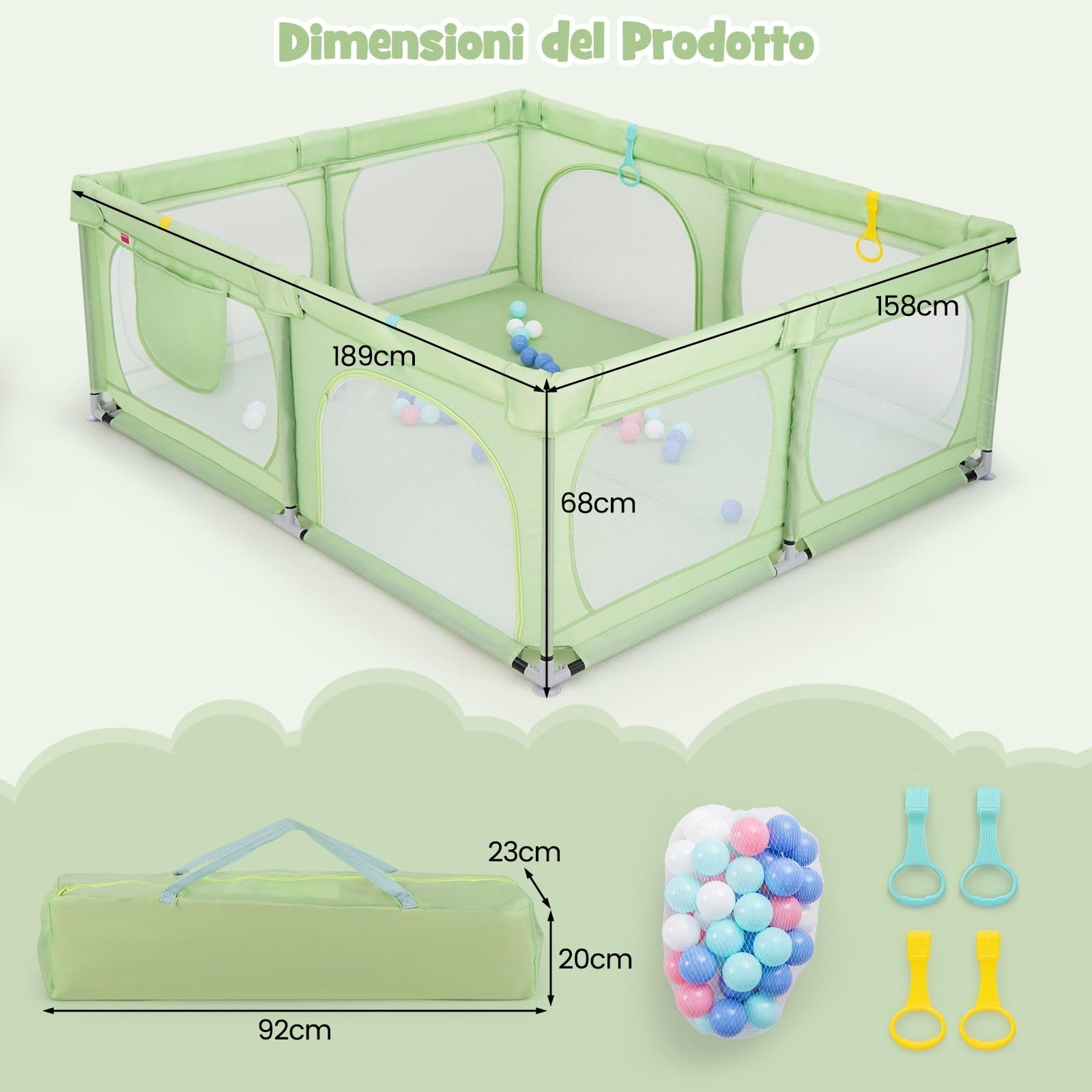 COSTWAY Recinto per Bambini, Box Pieghevole con Rete Traspirante, Centro Attività per Neonati con 50 Palline, Box Giochi per Bambini 0-3 Anni (Verde, 189 x 158 cm)
