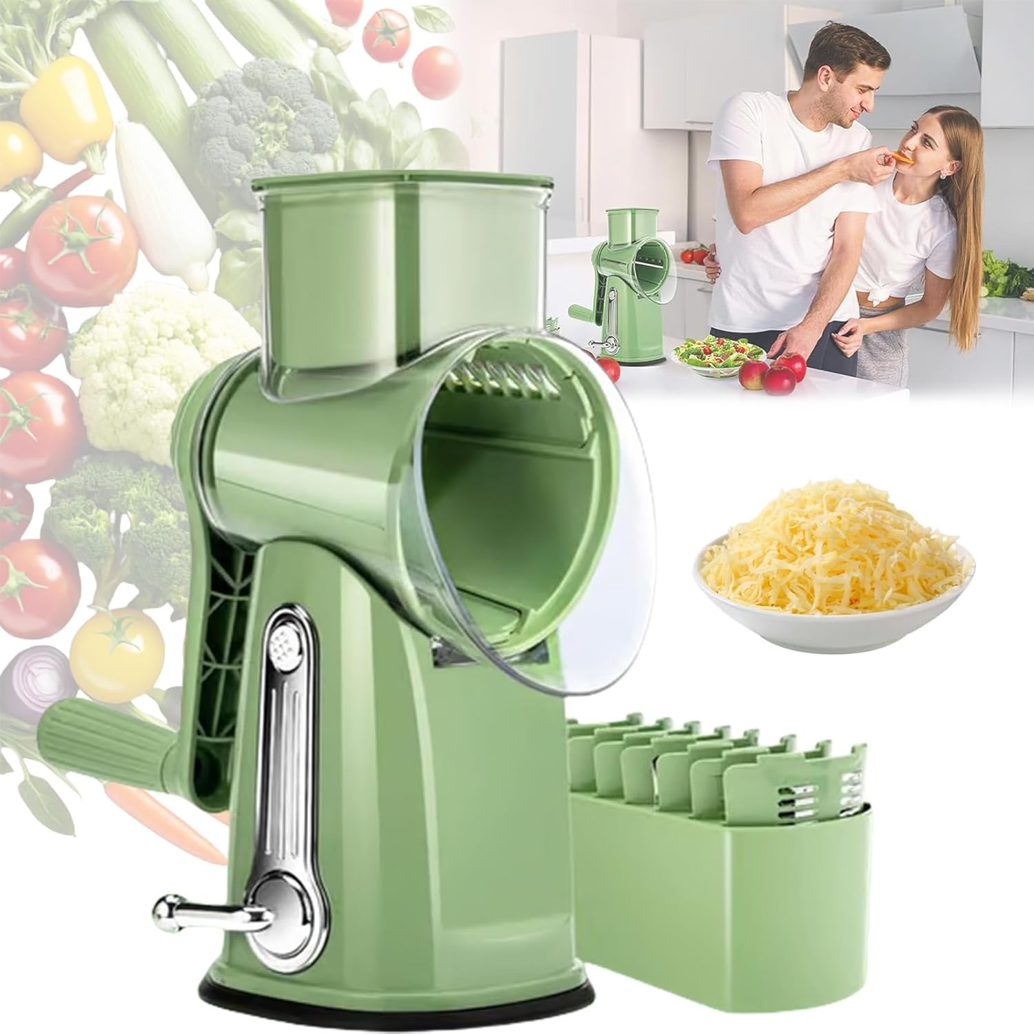 5 in 1 Food Chopper Grater, Dishwasher Friendly, Sustease Rotary Cheese Grater with Handle, Vegetable Chopper 12x Faster Meal Prep, Making Smoothies and Fruit Shakes in Summer (Green)