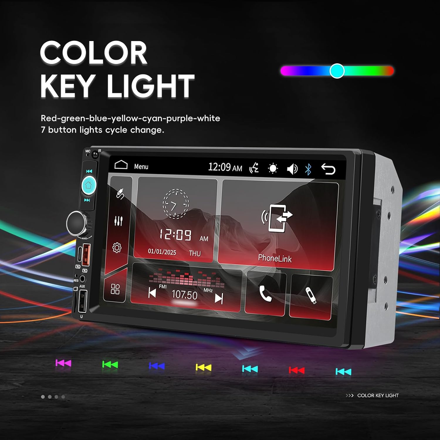 Car stereo display showing color key light settings with various color options