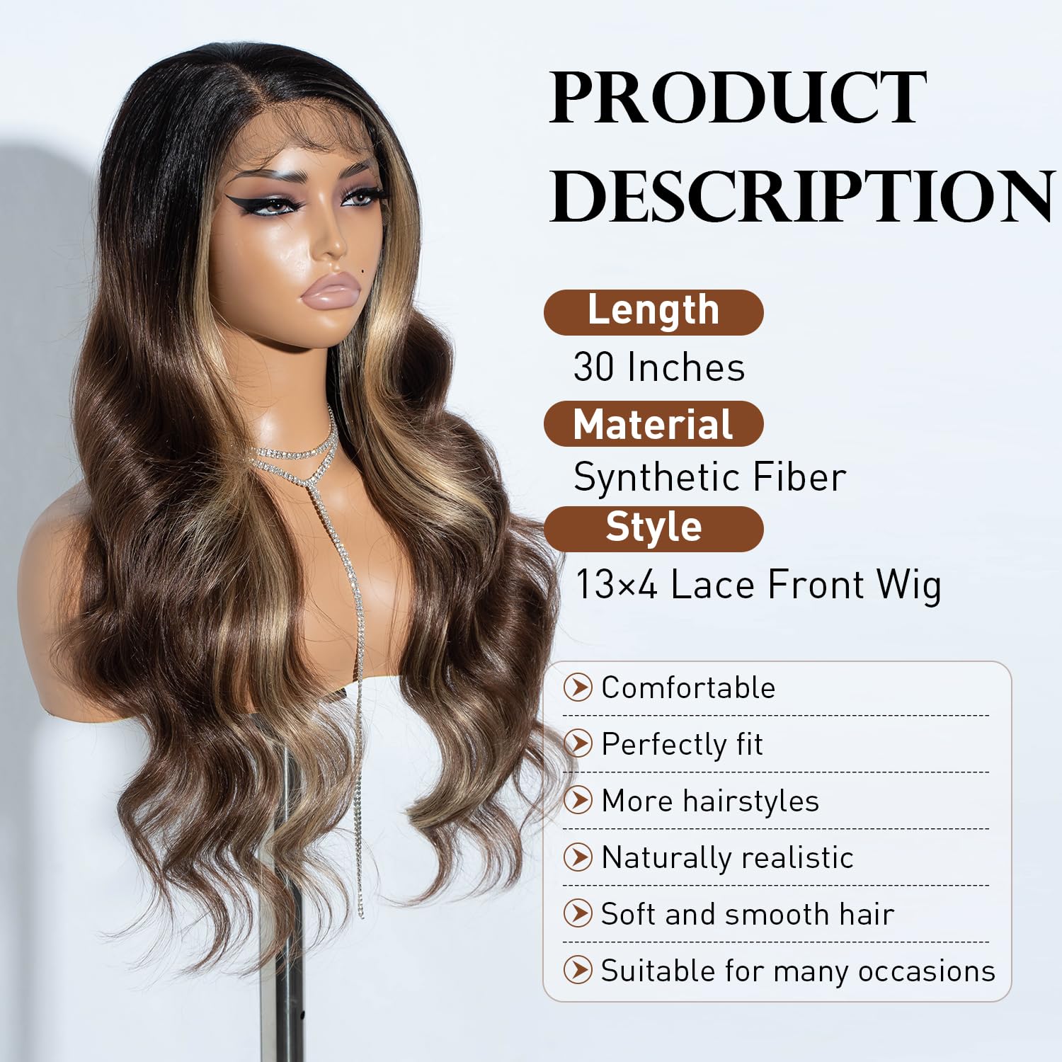 Joedir 13X4 Lace Front Wig Free Parting Lace Frontal Wigs With Baby Hair Pre Plucked Synthetic Wig Natural Looking Body Wave Wigs for Women 30 Inch Glueless Lace Front Wigs Ombre Brown Highlights - Image 2