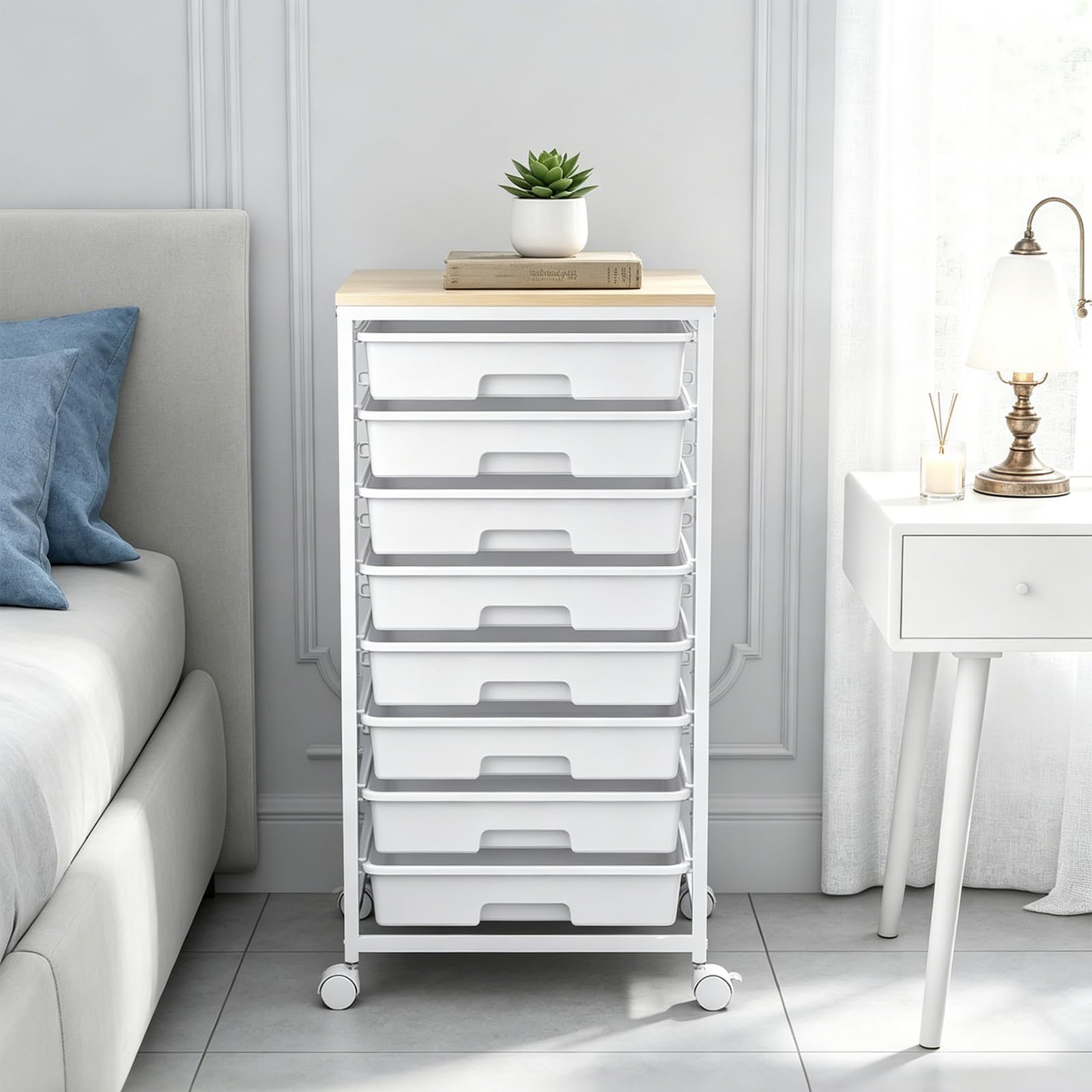 Chariot de Rangement à Roulettes avec 8 Tiroirs, Desserte à Roulettes avec Plateau en Bois, Chariot de Rangement pour Bureau, Cuisine, Salon et Chambre