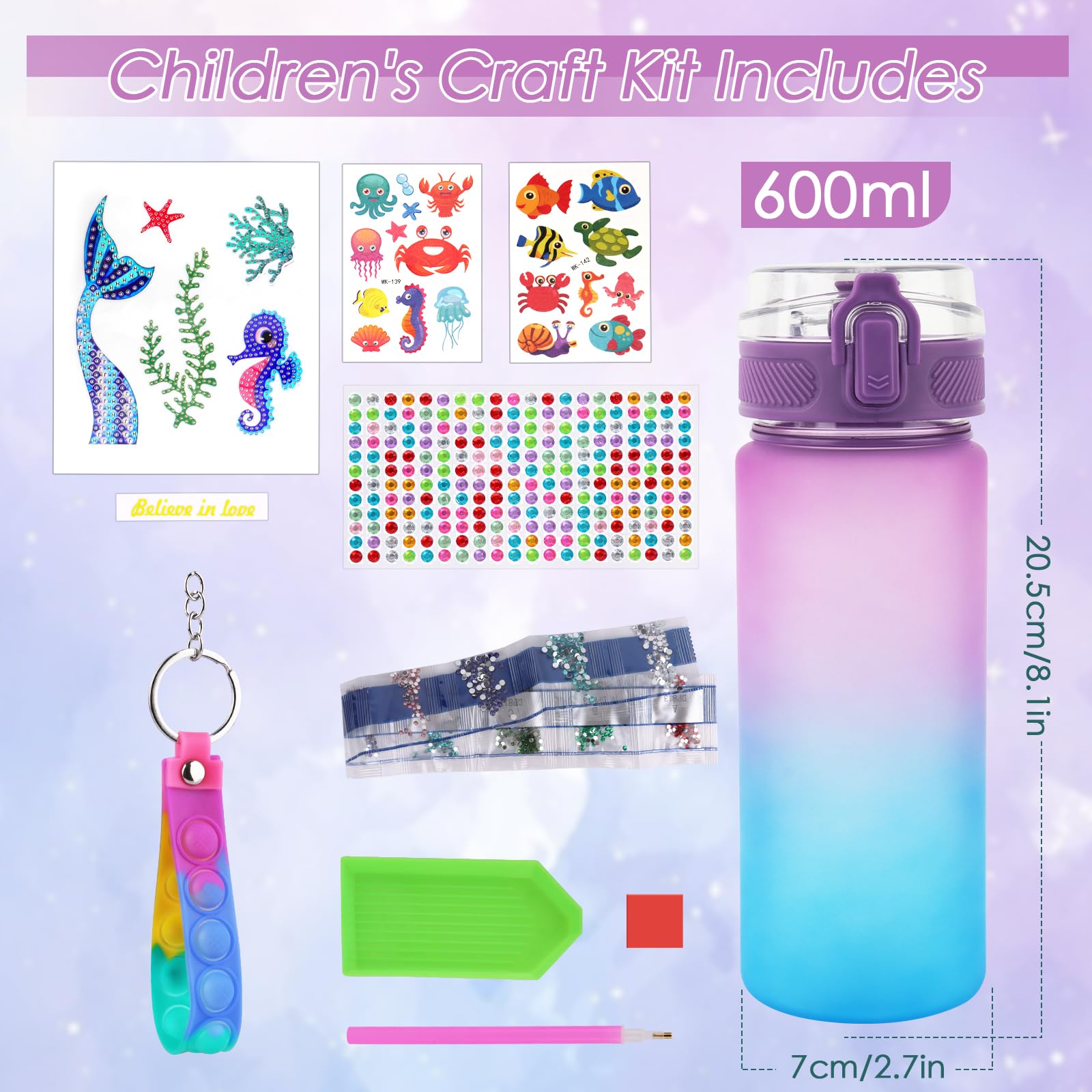 TNEDFOD Bouteille d'Eau Arts et Kits, Kit Décoration de Bouteille d'Eau pour Enfants, Bouteille Kit de Loisir Créatif Enfant pour Jeux Cadeau Fille 5 6 7 8 9 10 Ans