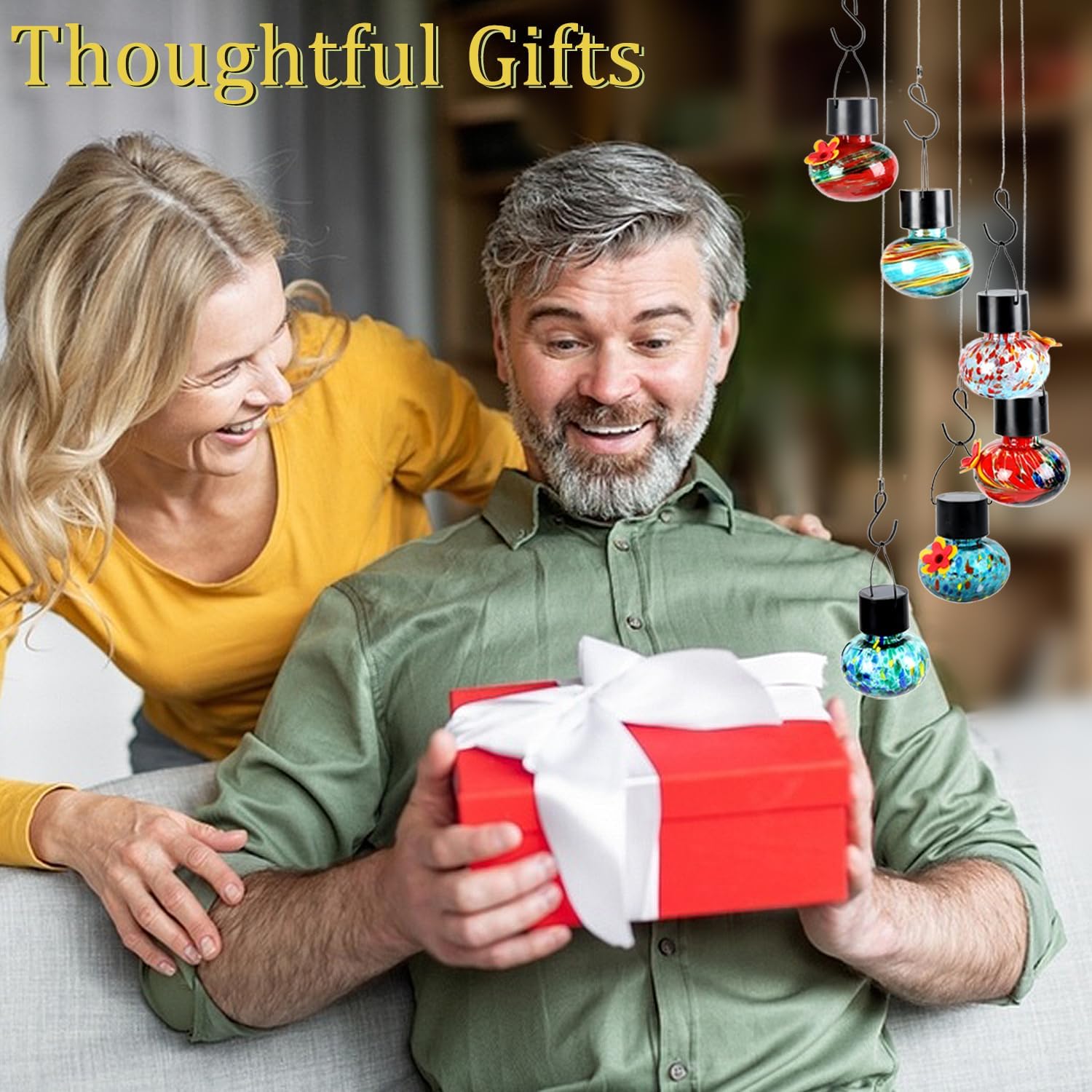 Solar Wind Chimes Hummingbird Feeder for Outdooors, Blue Hand-Blown Glass Bird Feeders with Leak-Proof Design, Ant & Bee Resistant, Perfect Garden Patio Decor (Multicolor)