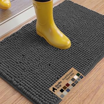 GORILLA GRIP SoakSTOPPER Dog Door Mat, 36x24 Machine Washable Rug Absorbent Doormat Captures Moisture Mud Dirt, Quick Dry Soft Chenille Entryway Rugs Indoor Entrance Mats for Dog Paws, Charcoal