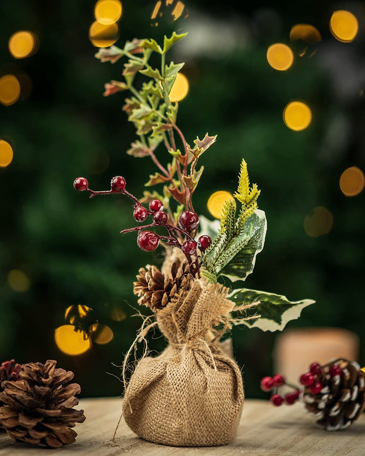 Marco Paul Interiors 42Cm Tree Marco Paul 42Cm Artificial Mini Small Christmas Tree Potted In Jute Bag Tabletop Desk Table Centrepiece Christmas Home Decoration Ornament Indoor Outdoor Pinecone (42Cm Mistletoe Tree)