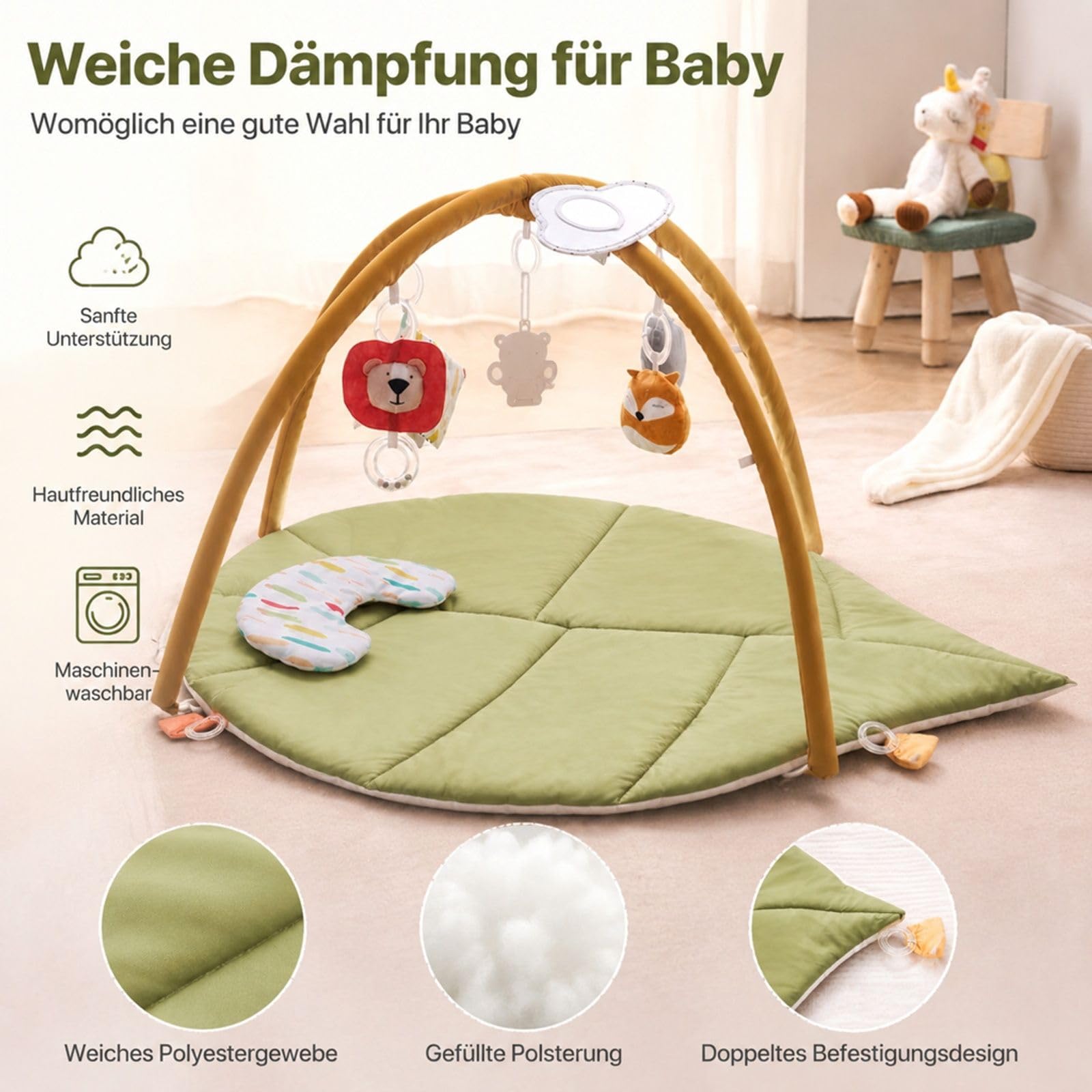 Spielmatte mit Spielbogen und 6 hängenden sensorischen Spielzeugen für Bodenbereich