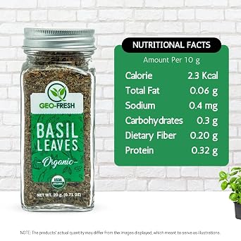 Geo-Fresh Organic Basil Leaves 0.71 oz (20g) Dried Basil Seasoning for Cooking & Seasoning Non-GMO, Kosher, USDA Certified Organic, Gluten-Free