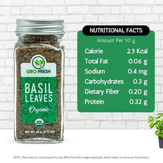 Geo-Fresh Organic Basil Leaves 0.71 oz (20g) Dried Basil Seasoning for Cooking & Seasoning Non-GMO, Kosher, USDA Certified Organic, Gluten-Free