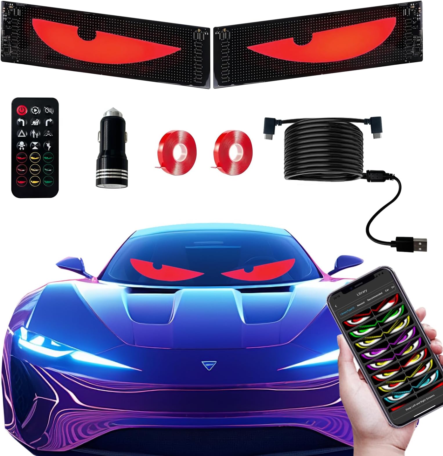 2Pcs Sync Devil Led Eyes for Car Windshield, 15"X 4" Ojos Led para Carro Lights for Truck, Programmable Full Color Animated Matrix Panel, Electra Eyes, Smart App & Remote Control
